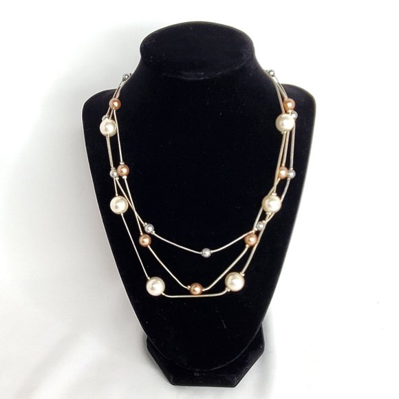 White and Rose Gold Three Strand Necklace Silver - Picture 1 of 3